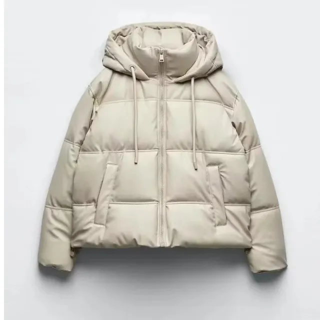 Women's Autumn And Winter Poly Urethane Leather Loose Hooded Down Jacket Beige - Shop at LoveMi