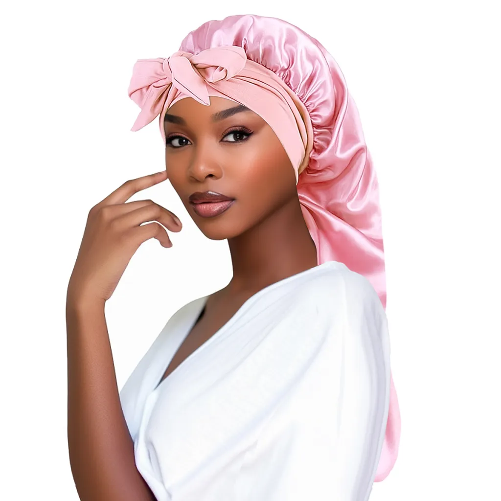 Bow Long Tail Nightcap High Elastic Women's Satin Toupee Long Ribbon Shower Cap - Pink