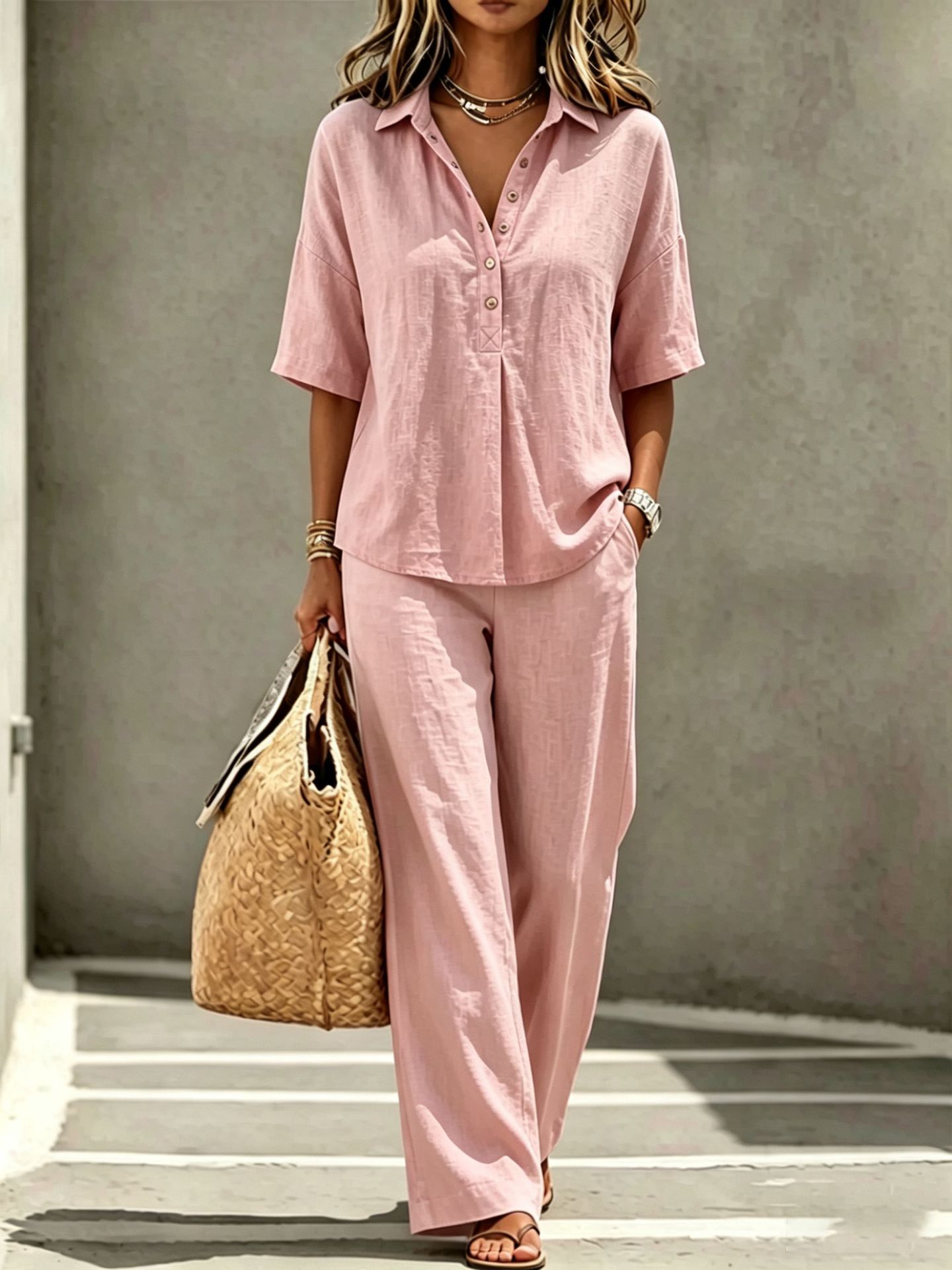 Women's polo neck set in pink – back view