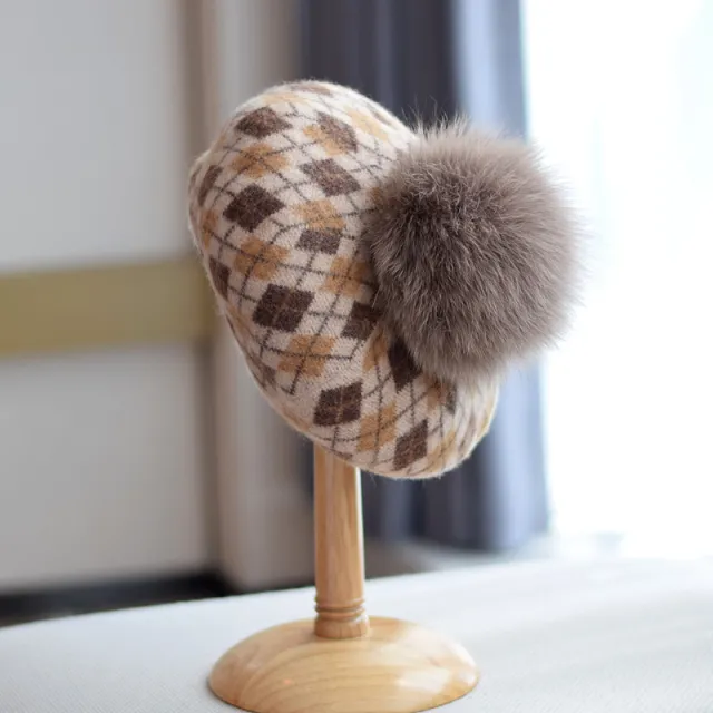 Women's Autumn And Winter Check Fur Ball Wool Beret Camel - Shop at LoveMi