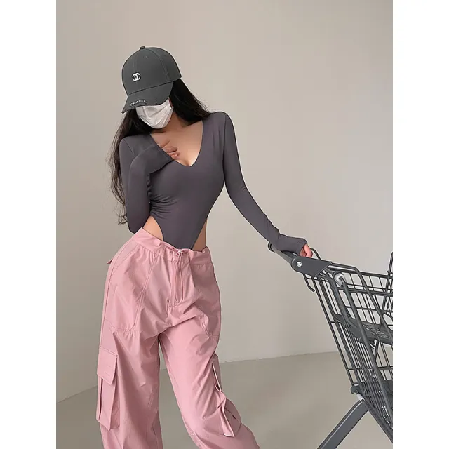 Sexy V neck Elastic Skinny Slimming Long Sleeve Solid Color Base Bodysuit T shirt Top Dark Gray - Shop at LoveMi