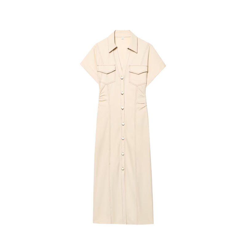 European And American Style Women's Simple Waist Pleated Short Sleeve Temperament Midi Skirt Dress