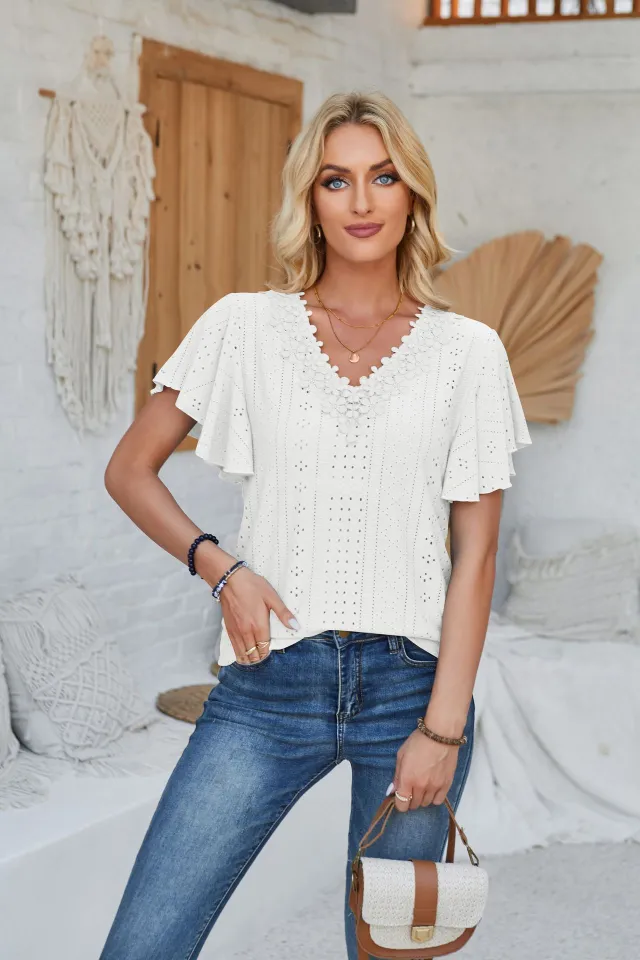 Women's Spring And Summer Lace Ruffle Sleeve Solid Color Loose Short Sleeve White - Shop at LoveMi