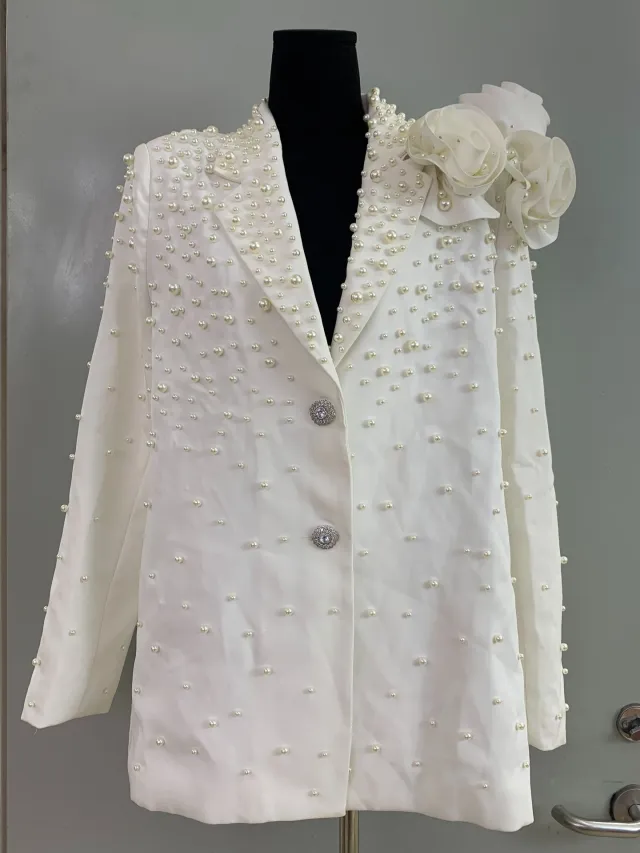 Suit Collar Beaded Single breasted Three dimensional Flowers Beige - Shop at LoveMi