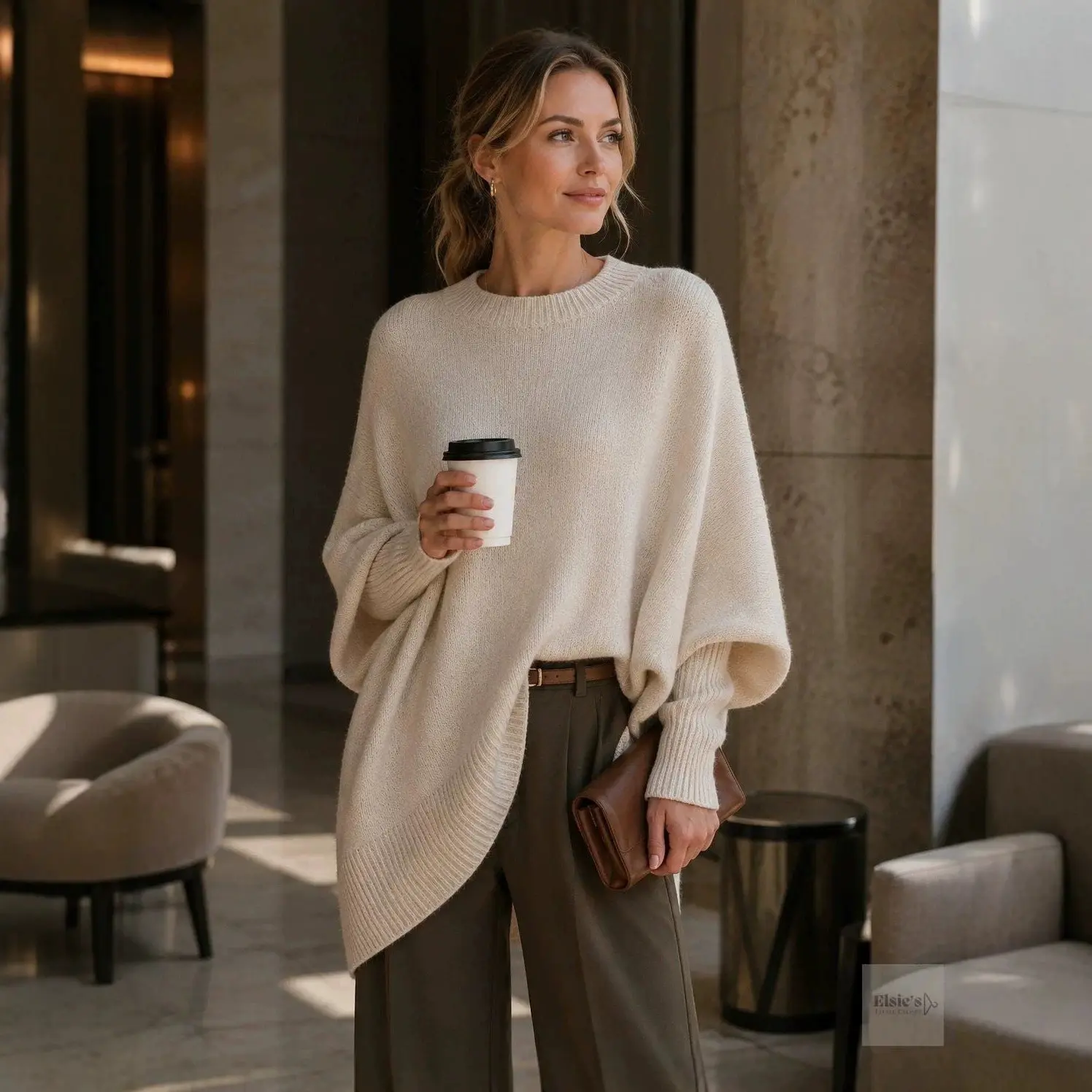 Womens Loose-fitting, Laid-back Style Crew-neck Knit Sweater