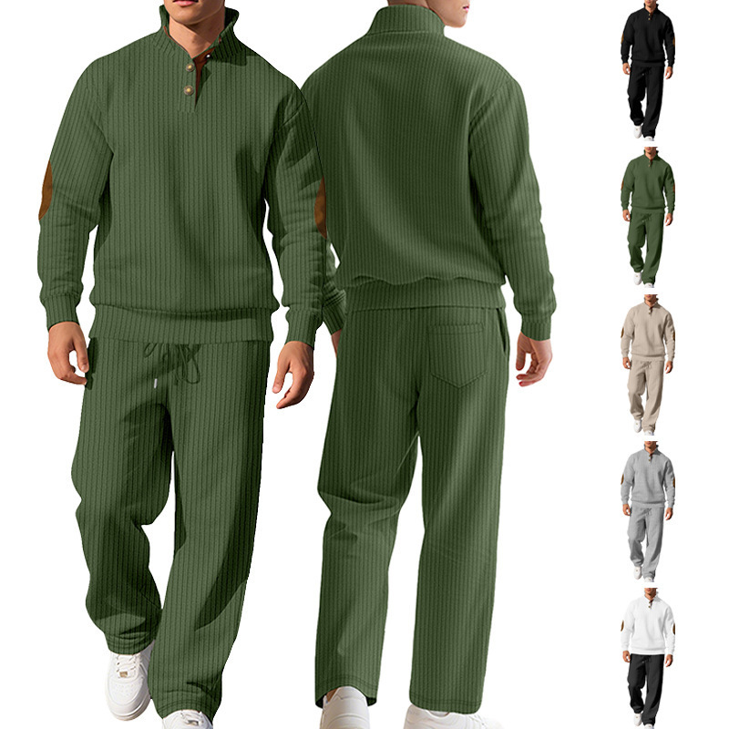 Mens Casual Trousers And Stand-collar Versatile Jacquard Ribbed Knit Top Autumn Outfit Set