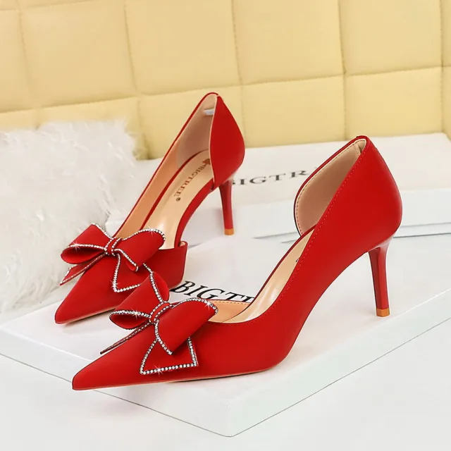 Women's Stiletto Low cut Pointed Side Hollow Rhinestone Bow High Heels Red - Shop at LoveMi
