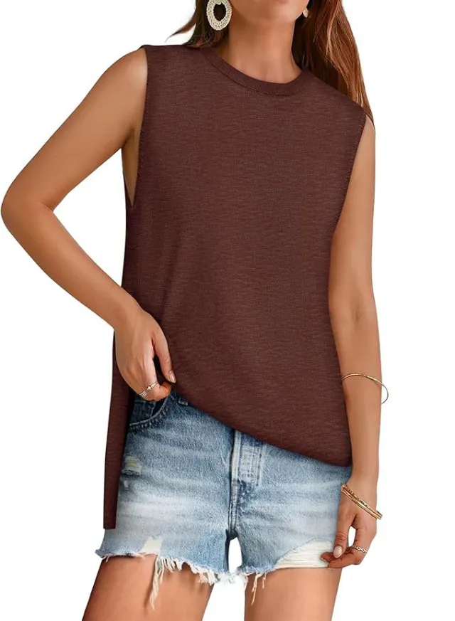 European And American Style Women Summer Vest Round Neck Sweater Casual Sleeveless Knitted Fashion Brown - Shop at LoveMi