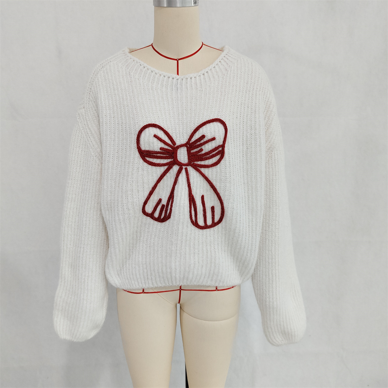 Simple Casual Bow Embroidery Decoration Knitted Long Sleeve Sweater