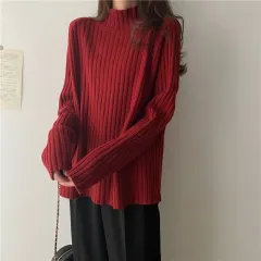 Idle Style Mock Neck Design Sense Loose Thick Inner Sweater Niche Top - Wine - View 1