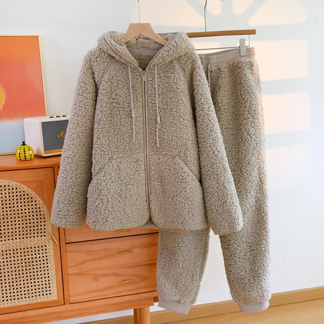 Two piece Flannel Cute Hooded Thickened Loungewear Autumn And Winter Women'S Gray - Shop at LoveMi