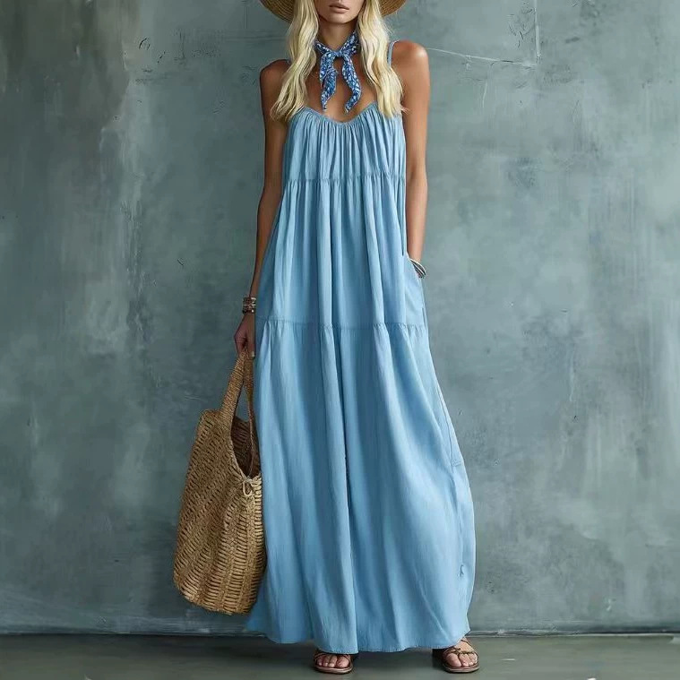 Summer New Sleeveless Strap Maxi Dress Elegant One-piece Dress