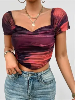 Slim Fit Short Print Fishbone Short Sleeve Top Women's Clothing - Dark Purple - View 1