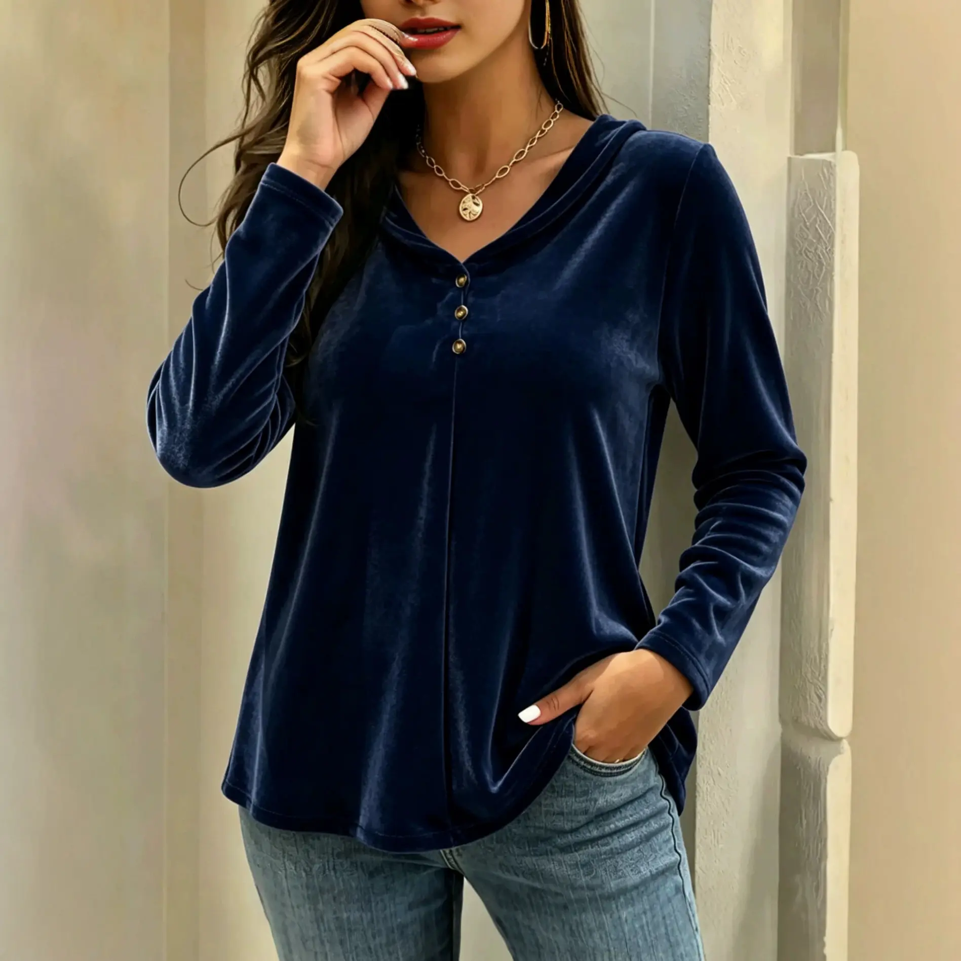 V-neck Gold-velvet Relaxed-fit Elegant Long-sleeve Shirt