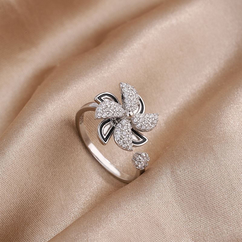Korean Style East Street Diamond Little Windmill Ring S925 Sterling Silver Rotating Windmill Ring Artistic Style Cuff Bracelet