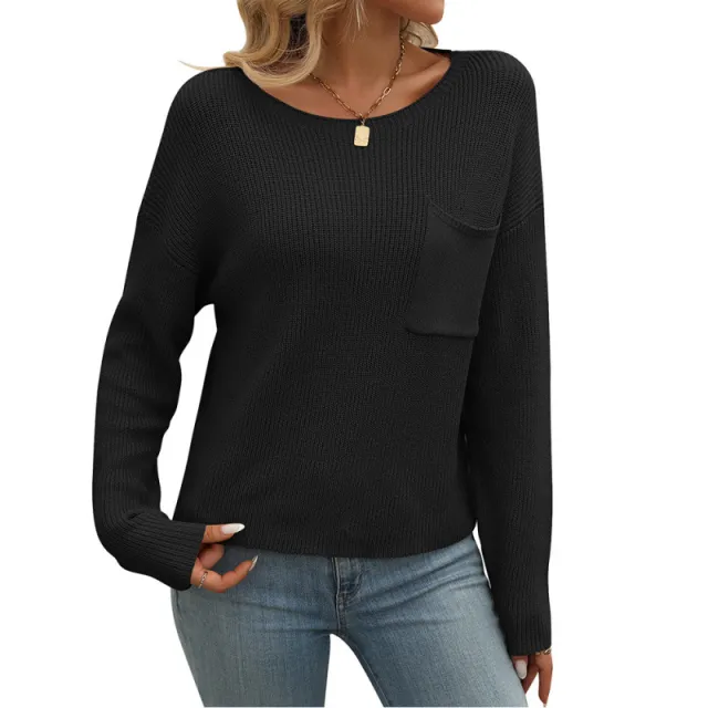Women's Round Neck Pocket Decorative Top Long Sleeve Sweater Black - Shop at LoveMi