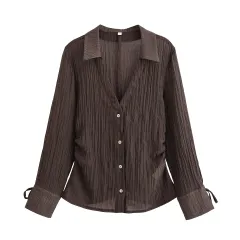 Summer New V-neck Bowknot Decoration Semi-transparent Shirt - As Shown In The Figure - View 1