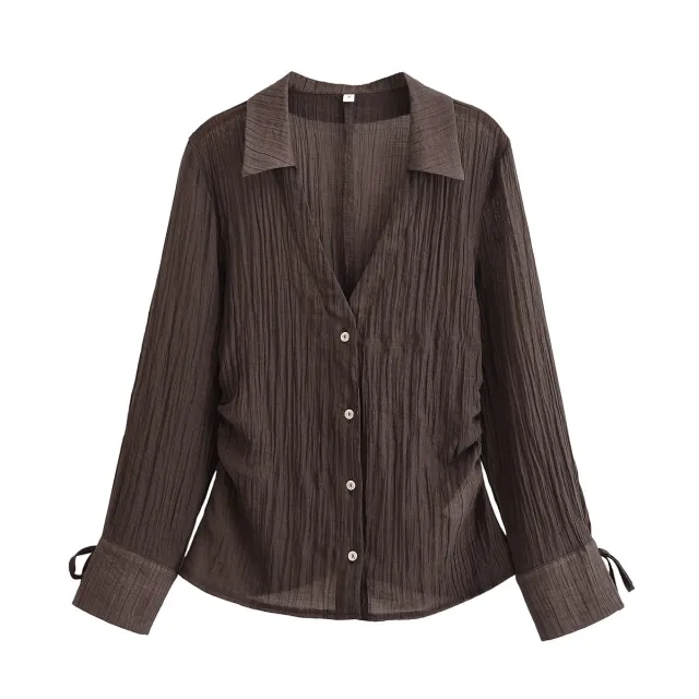 Summer New V neck Bowknot Decoration Semi transparent Shirt As Shown In The Figure - Shop at LoveMi