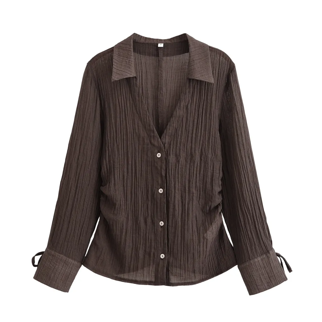 Summer New V-neck Bowknot Decoration Semi-transparent Shirt - As Shown In The Figure
