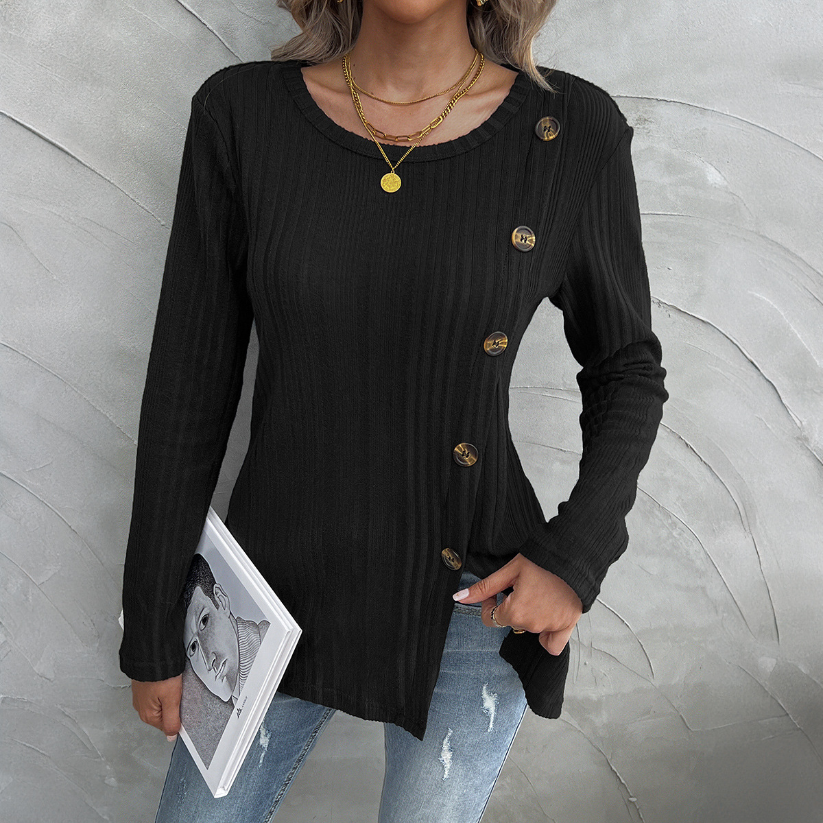 Temperament Crew Neck Split Button Long-sleeved Top