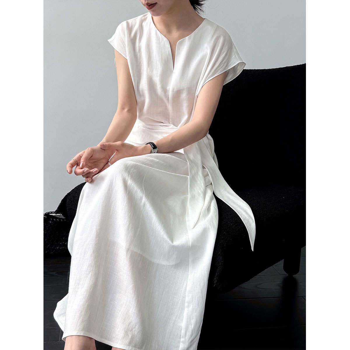 Womens Flax Irregular Strap Cinched Waist Dress