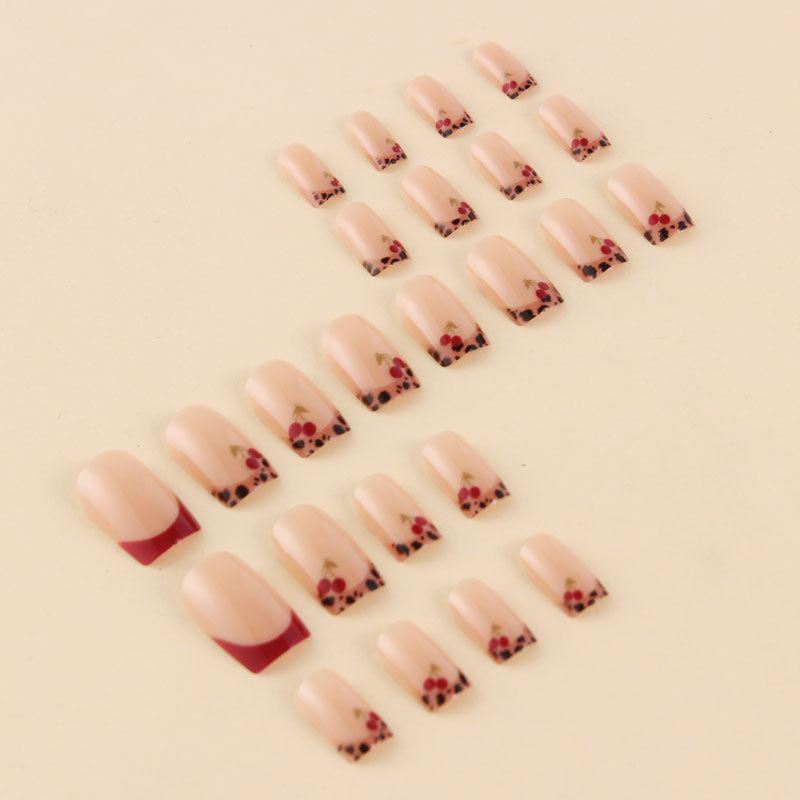 Mid-length European-square-shaped Dark Red French Cherry 24-piece Press-on Nails