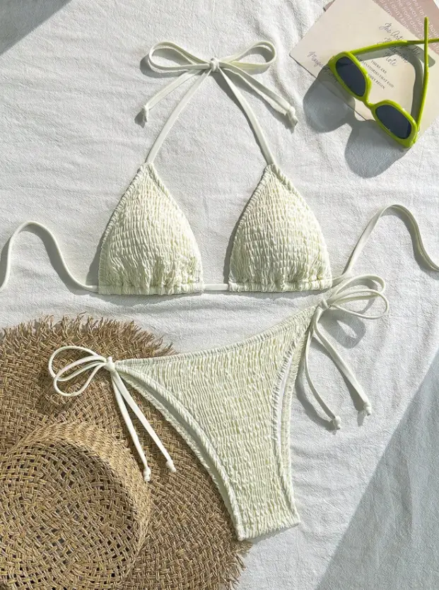 Neck-strap Bikini Solid-color Two-piece Womens Swimsuit