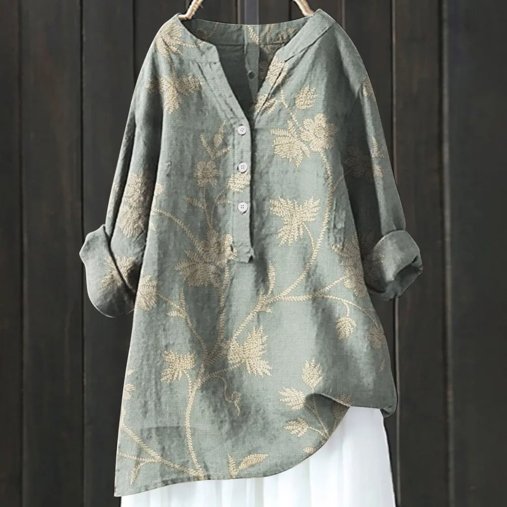 Long Sleeve Slub Linen Comfort Printing All-matching Shirt - Xl240533 Hcy10-Xl
