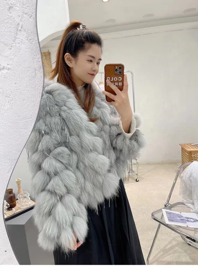 Fox Fur Fur Coat Female Short Tassel Thicken Coat Gray - Shop at LoveMi