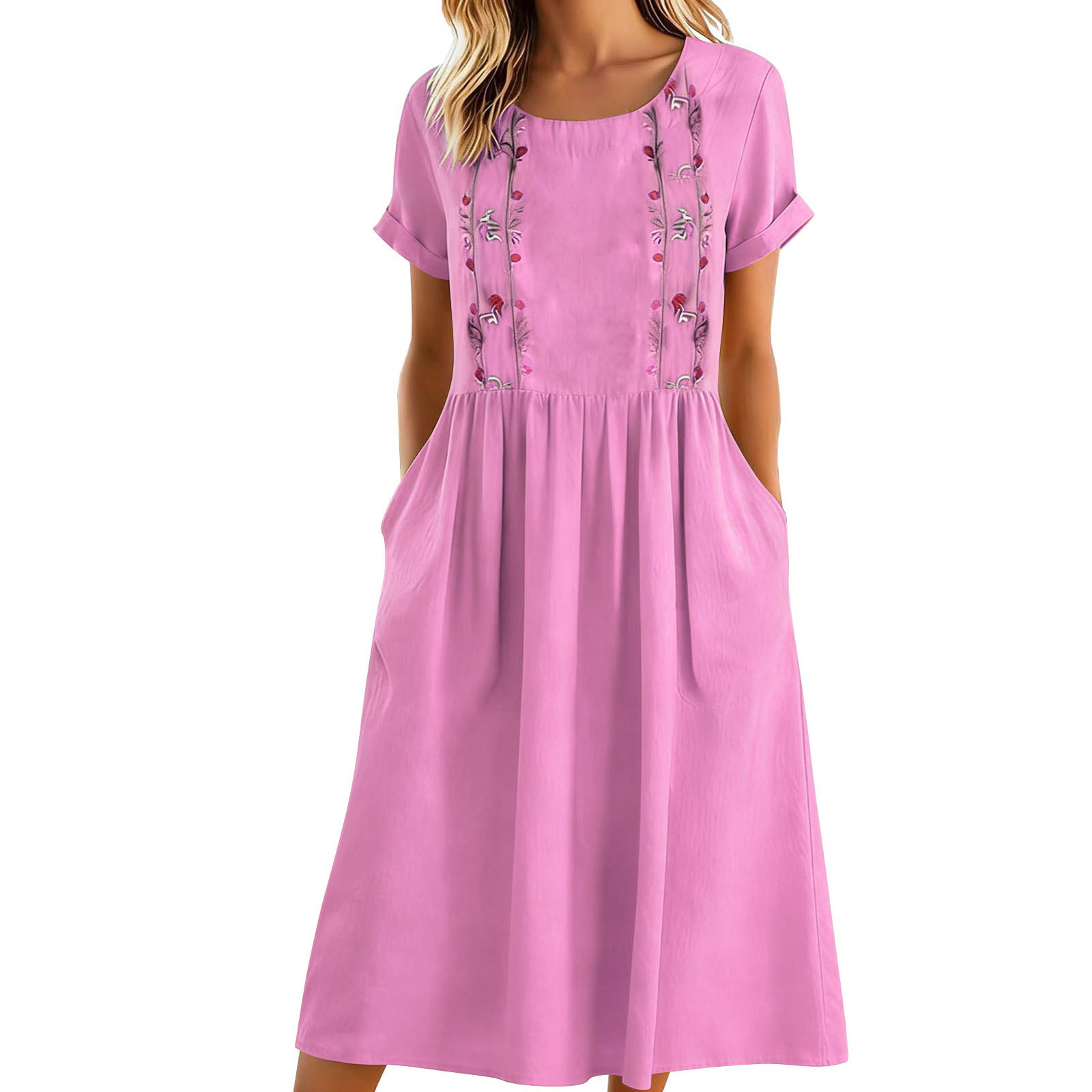 Women's Embroidered Crew-Neck Cotton-Linen Pinafore Dress