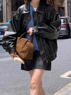 Retro Brushed Vintage Brown Leather Coat For Women Spring And Autumn - Black - View 1