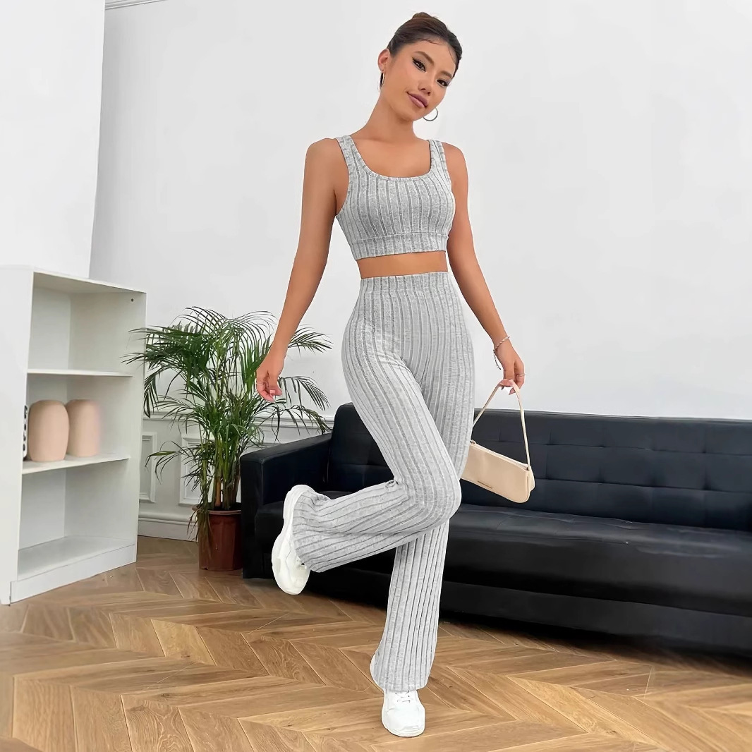 Solid Color Cropped Tank Top And Bell-bottom Pants