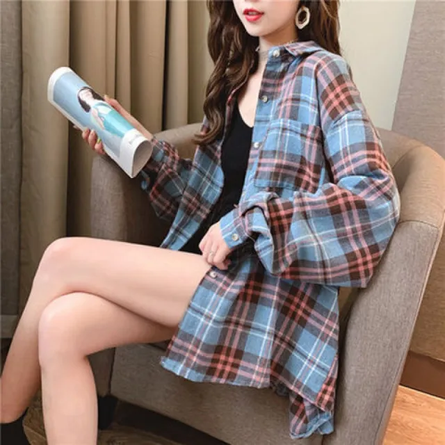 Spring New Plaid Shirt Women Blue - Shop at LoveMi