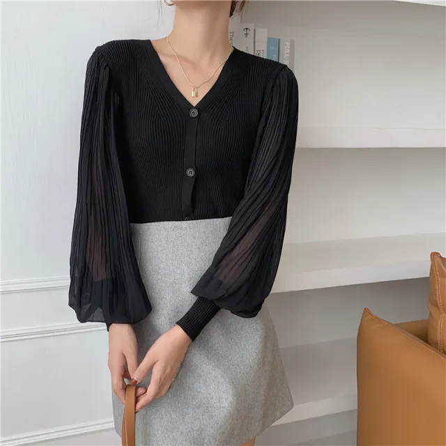 Retro V neck Breasted Chiffon Patchwork Puff Sleeve Black - Shop at LoveMi