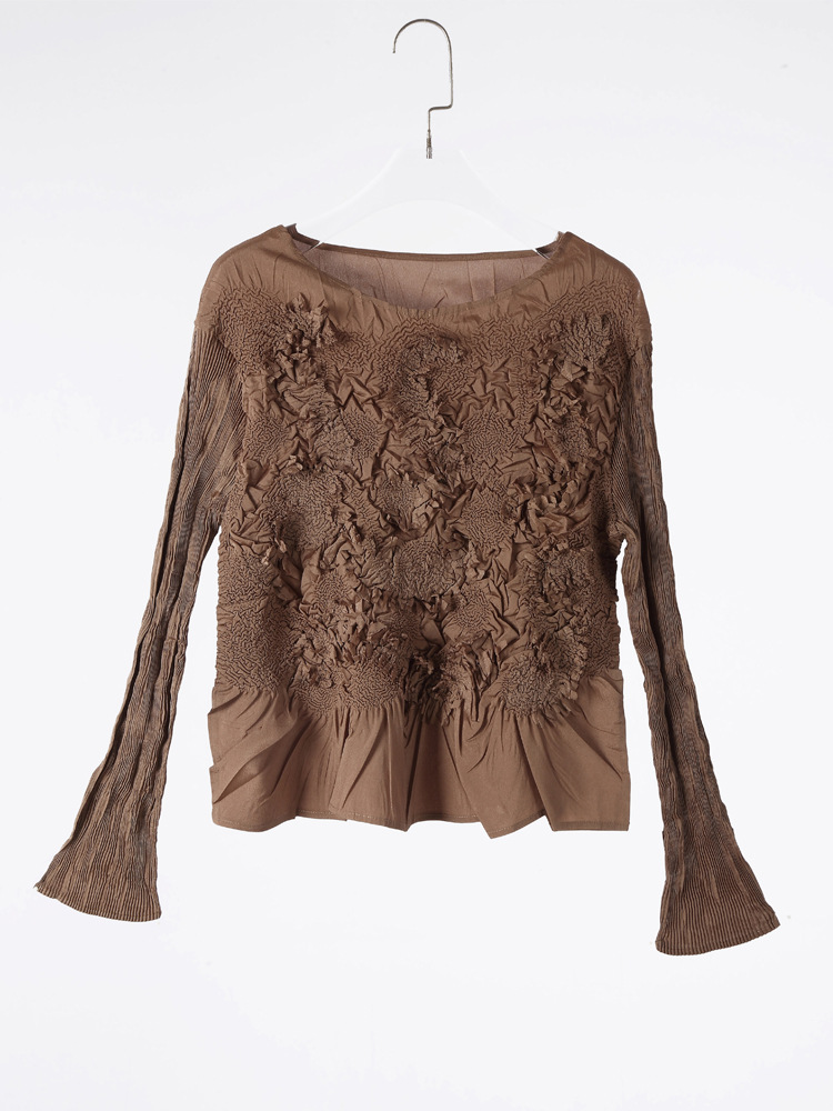 Solid Color Embroidered Long sleeved Top Handmade Pleated Two piece Overskirt Suit Coffee Coat - Shop at LoveMi