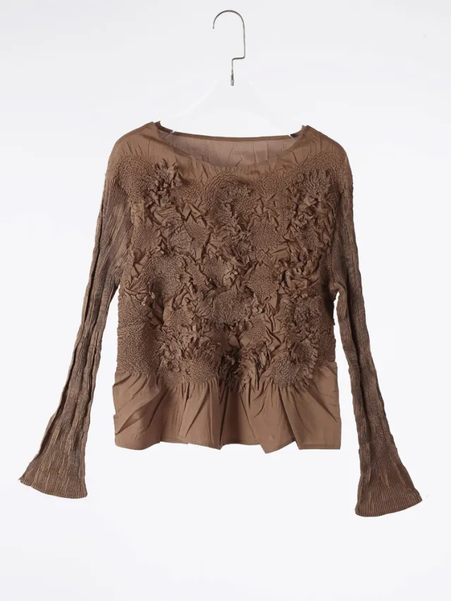 Solid Color Embroidered Long sleeved Top Handmade Pleated Two piece Overskirt Suit Coffee Coat - Shop at LoveMi