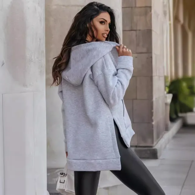 Women's Sports Pocket Loose Zip Casual Hoodie Sweater Gray - Shop at LoveMi
