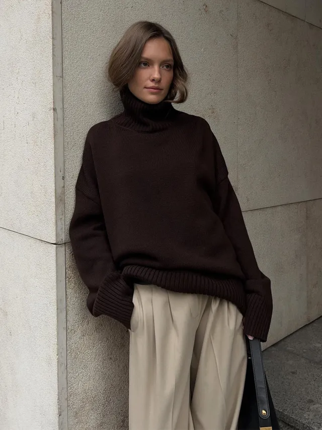 European And American Style Autumn And Winter Solid Color Turtleneck Sweater Loose Brown - Shop at LoveMi