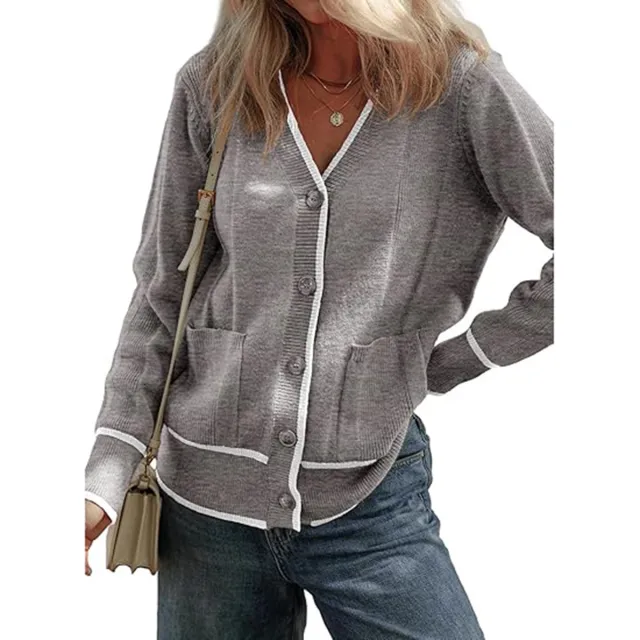 Women's Knitted Button Coat Color Matching Sweater Gray - Shop at LoveMi