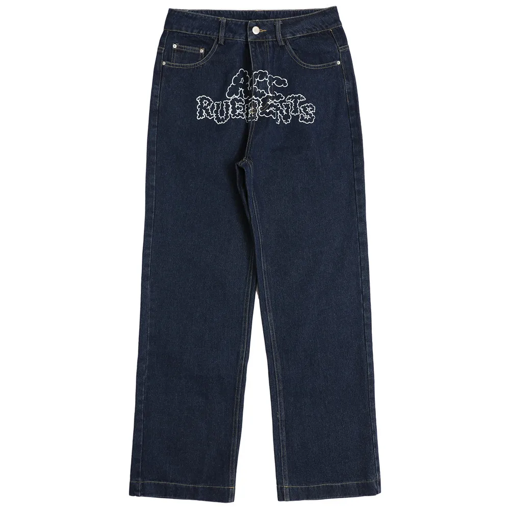 American Style Hip Hop Casual Loose Letter Printed Jeans For Women - Blue