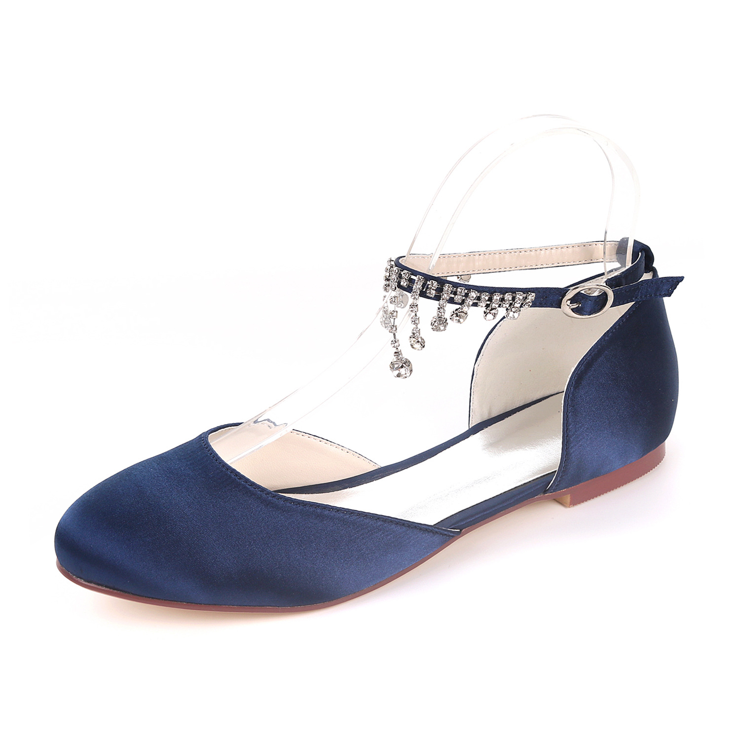 Satin Round Toe Hollow Rhinestone Chain Flat Wedding Shoes