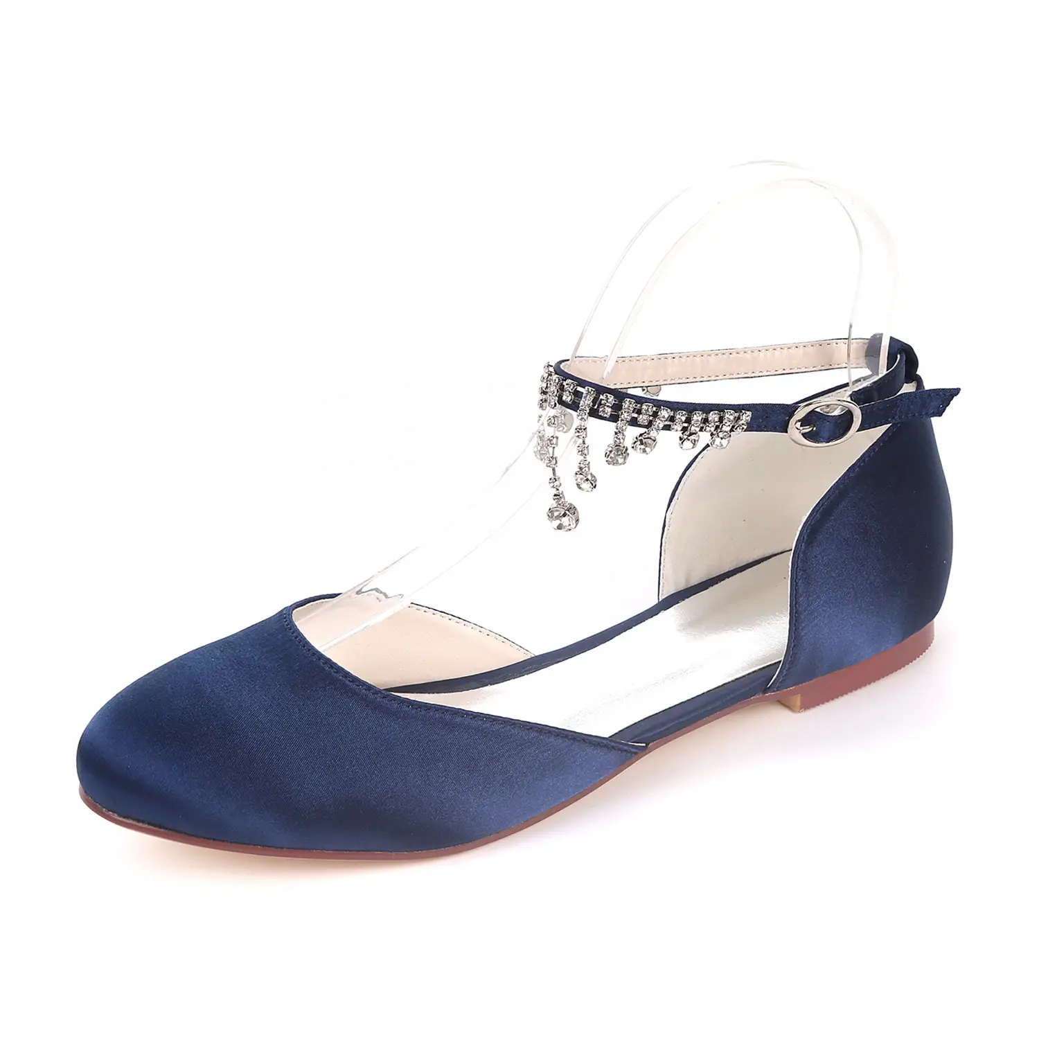 Satin Round Toe Hollow Rhinestone Chain Flat Wedding Shoes