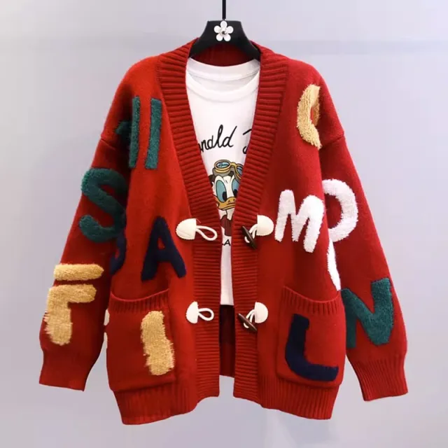 Horn Button Letter Sweater Coat For Women Red - Shop at LoveMi