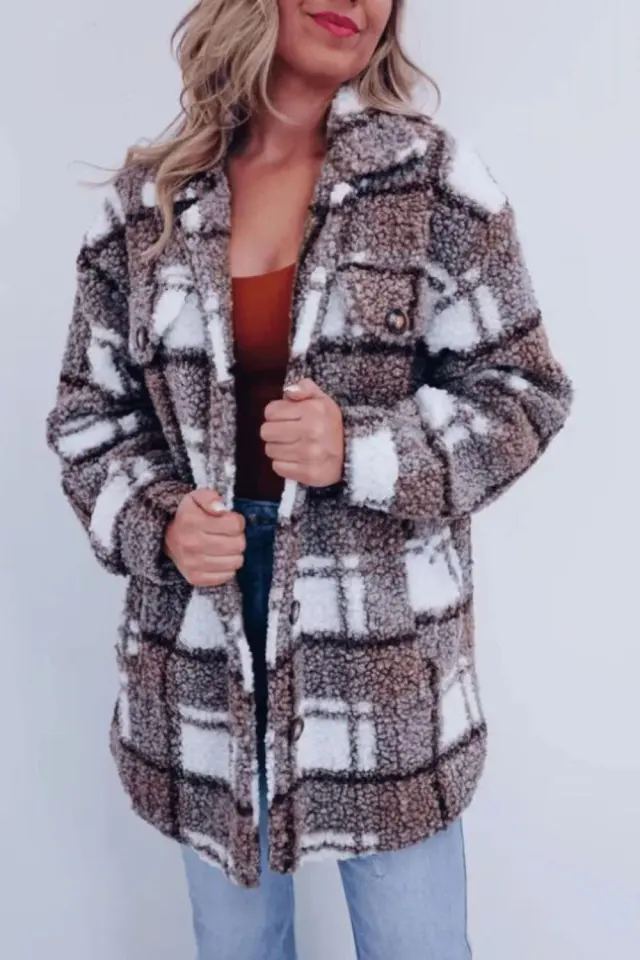 Winter Multicolor Plaid Warm Polo Collar Jacket Women's Fashion All match Long sleeved Coat Women Multicolor - Shop at LoveMi