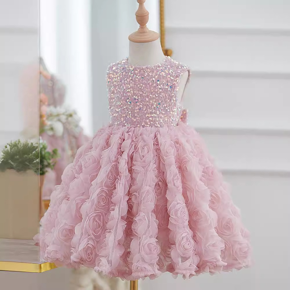 Girls' Sleeveless Sequined Three-dimensional Flower Pettiskirt