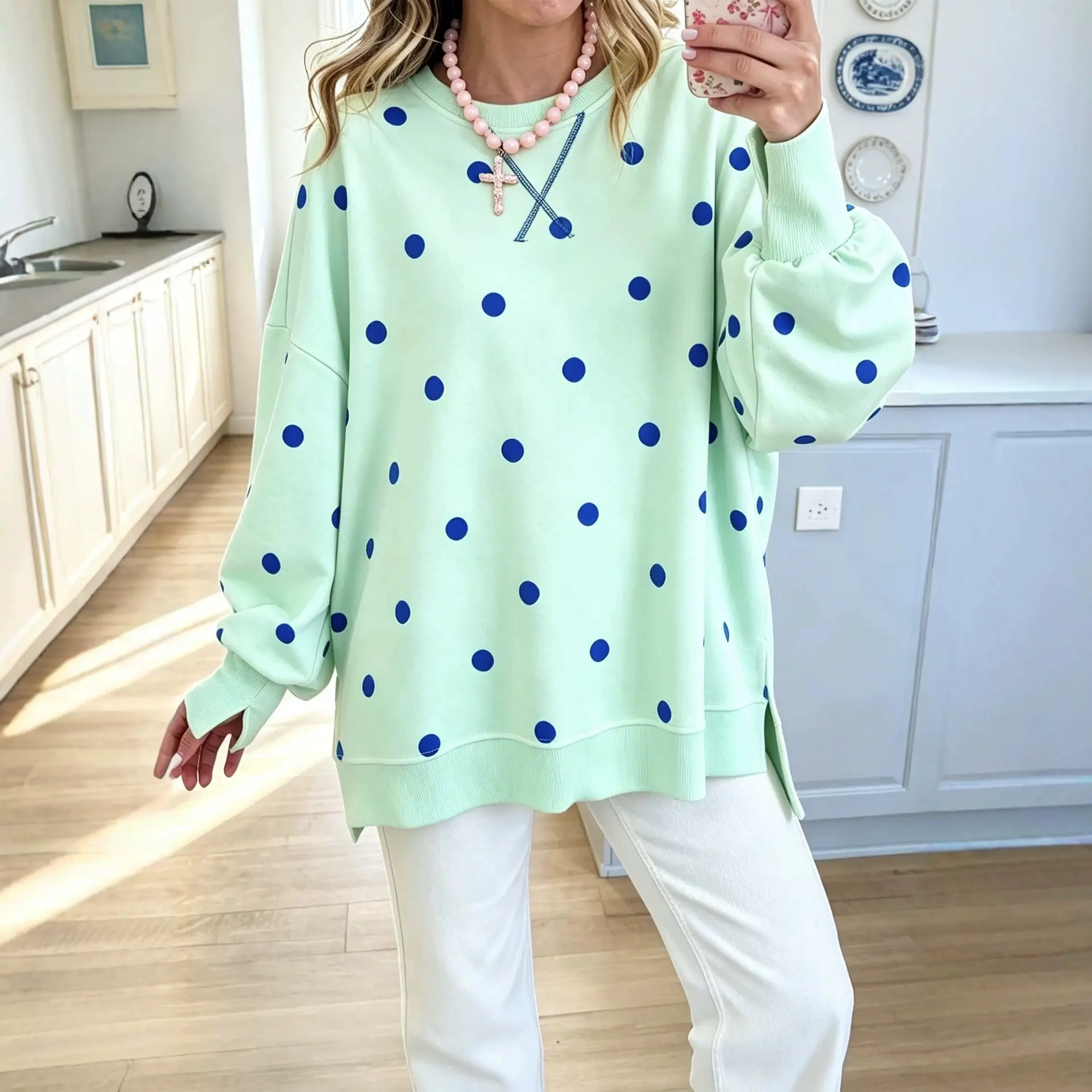 Womens Polka-Dot Print Pullover Long-Sleeve Sweatshirt