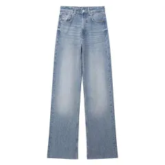 Fashion Casual High Waist Straight Wide Leg Denim Trousers For Women - Blue - View 1