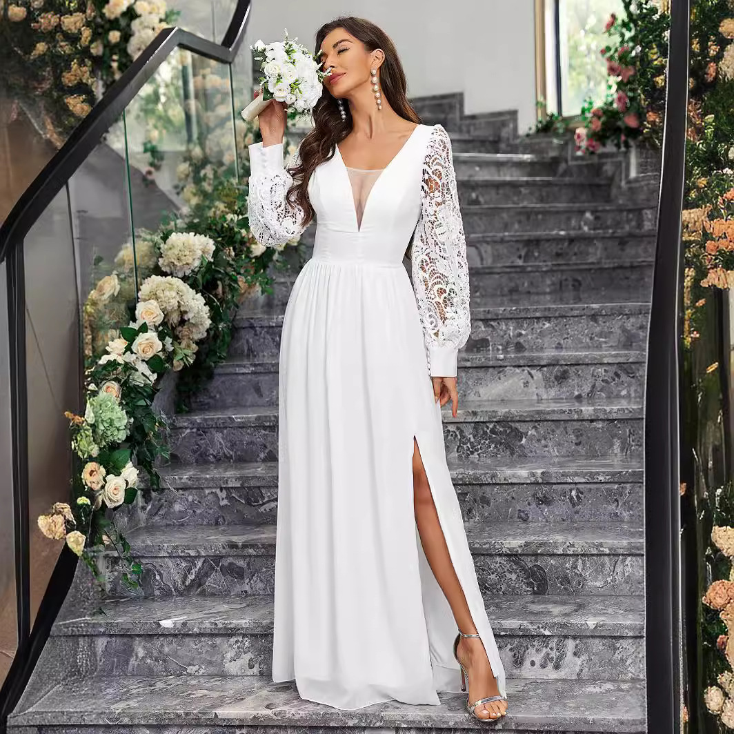 New Solid Color Elegant V-neck Slim Fit Slit Long Sleeve Dress