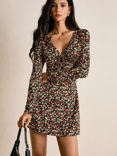 Slim Fit Fashion Floral V-neck Long-sleeve Dress - Color - View 1