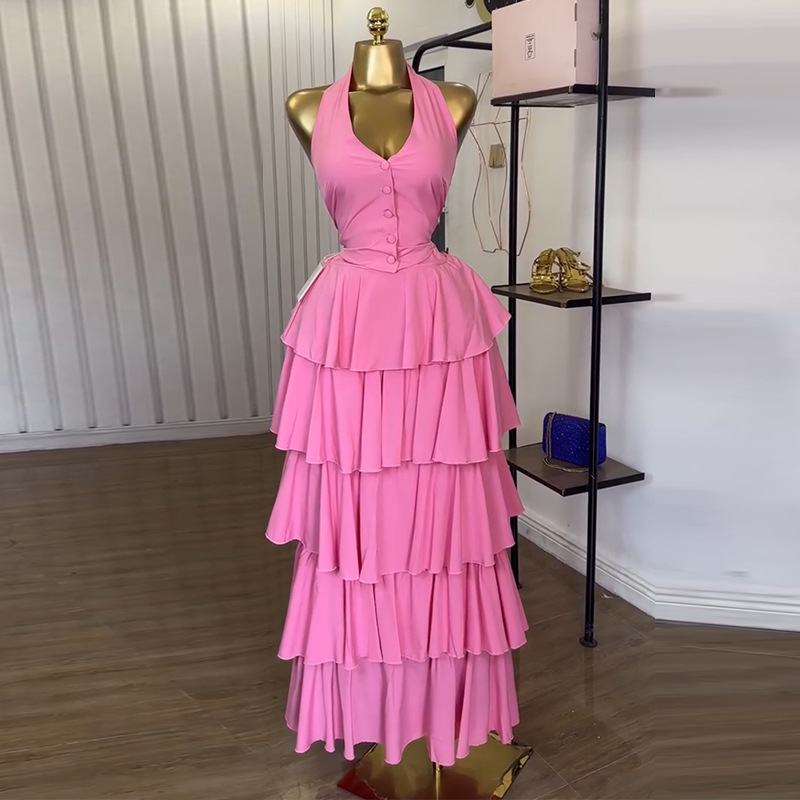 Women's Halter Vest High Waist Tiered Skirt Two-piece Set